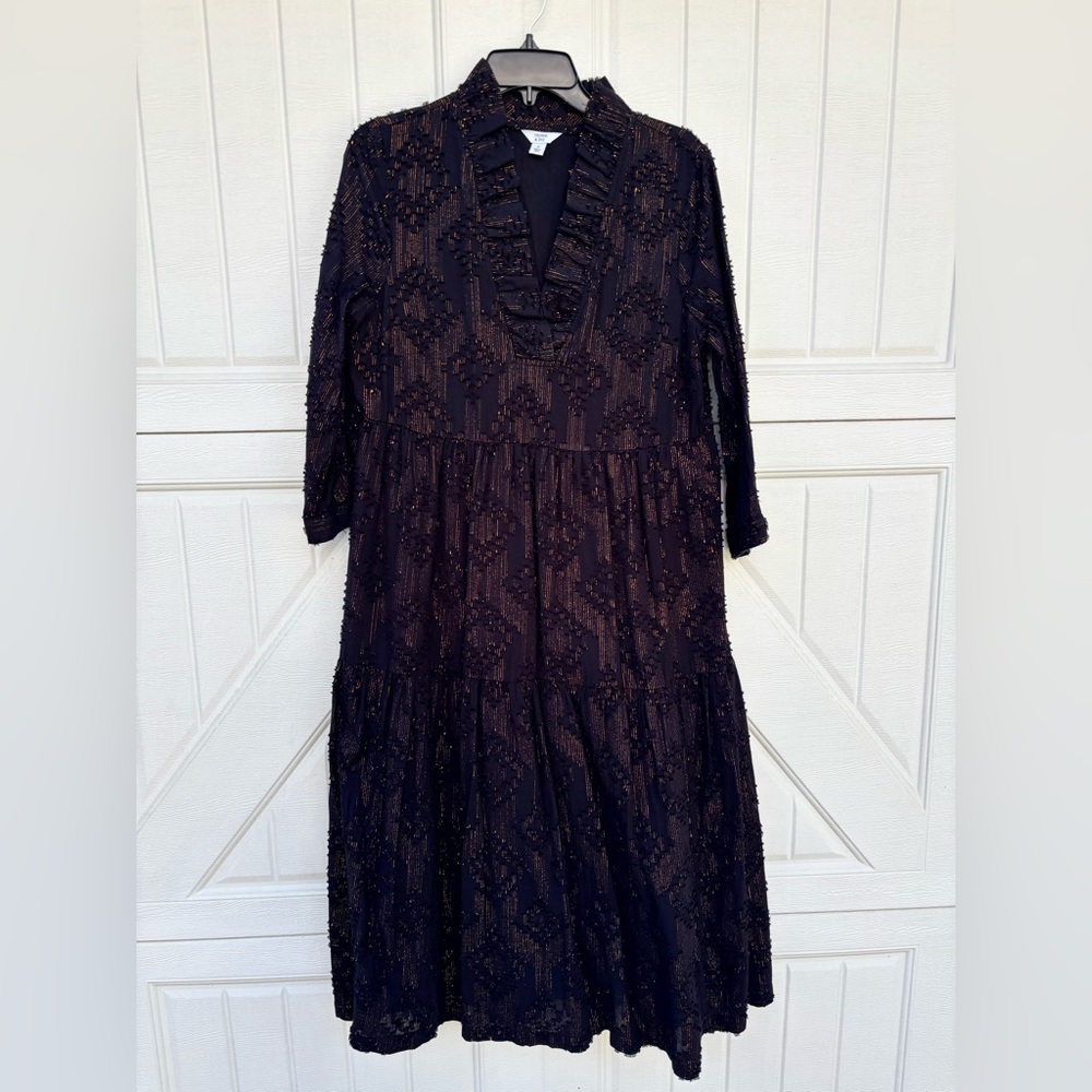 Crown & Ivy Black Copper Metallic Tiered Midi Dress Pockets, Size Small